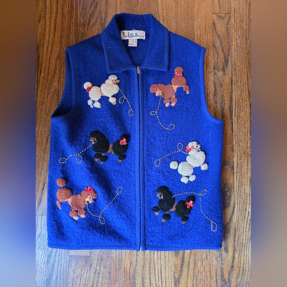 M Lisa International Women's Poodle Vest Medium Blue Boiled Wool Applique Sw003